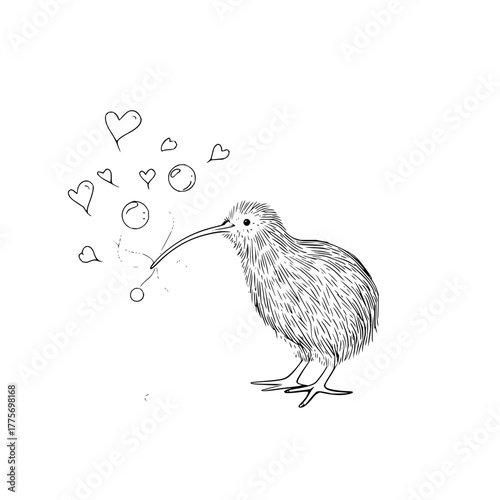 Cute kiwi bird drawing with hearts and bubbles vector illustration for coloring and design needs here