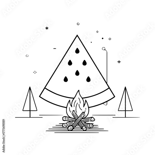 Watermelon slice campfire camping vector illustration summer picnic barbecue party food nature outdoors design art 100