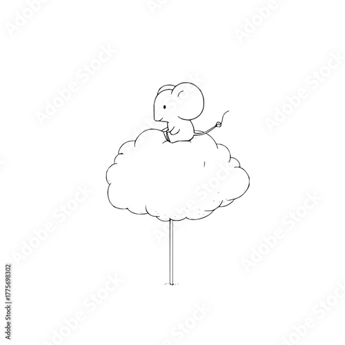 Cute mouse on cloud illustration drawing for children's book art and whimsical fantasy designs and prints art