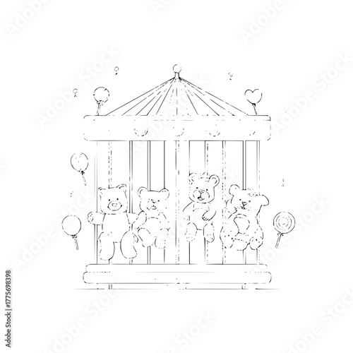 Carousel teddy bear sketch drawing for kids coloring page amusement park ride animal illustration design