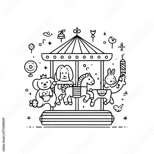 Cute carousel with animals coloring page for kids children activity book illustration vector drawing art