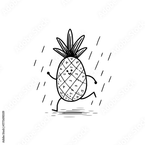 Cartoon pineapple running in the rain doodle illustration tropical fruit character vector art design drawing 1