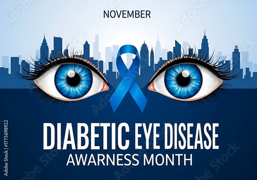 November is diabetic eye disease awareness month with blue ribbon symbol