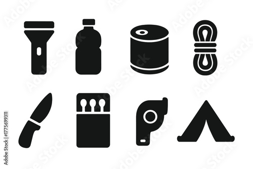 Survival Essentials Icons. Survival essentials. Filled icon set of survival essentials: flashlight, water