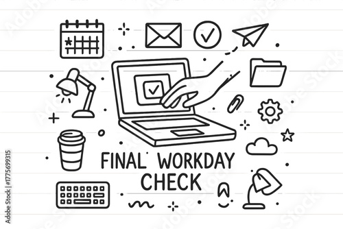 Final Workday Check. Final workday check. Hand-drawn doodle illustration of final workday check. In the middle