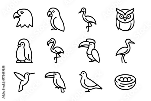Endangered Birds Icons. Endangered birds. Line outline icon set of endangered birds: eagle, parrot, crane, owl