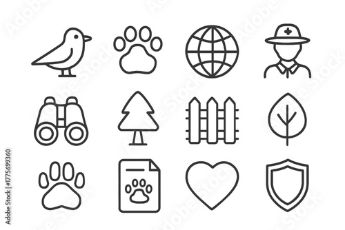 Wildlife Protection Icons. Wildlife protection. Line outline icon set of wildlife protection: bird, paw, globe