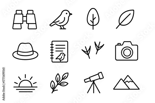 Birdwatching Icon Set. Birdwatching. Line outline icon set of birdwatching: binoculars, bird, tree, leaf, hat,