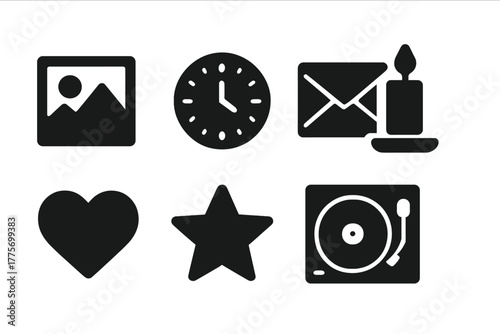 Nostalgic Icon Set. Nostalgia. Filled icon set of nostalgia: old photo, clock, paper letter, candle, heart,