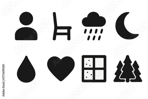Loneliness Icon Set. Loneliness. Filled icon set of loneliness: person silhouette, empty chair, rain cloud,