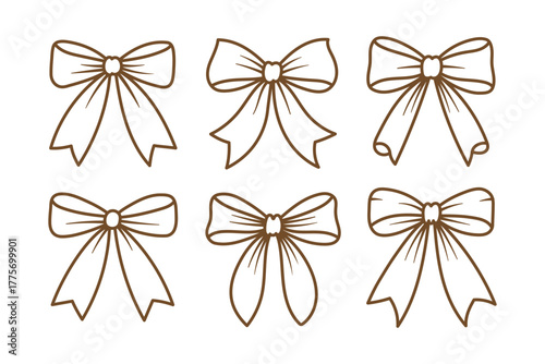 Set of six handdrawn brown bows on a, vector illustration