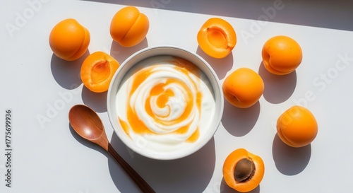 Healthy Yogurt Bowl with Apricots and Wooden Spoon Against a White Backdrop