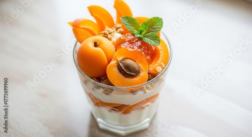 Healthy Yogurt Parfait With Fresh Apricots and Mint Leaf For A Delicious Refreshment