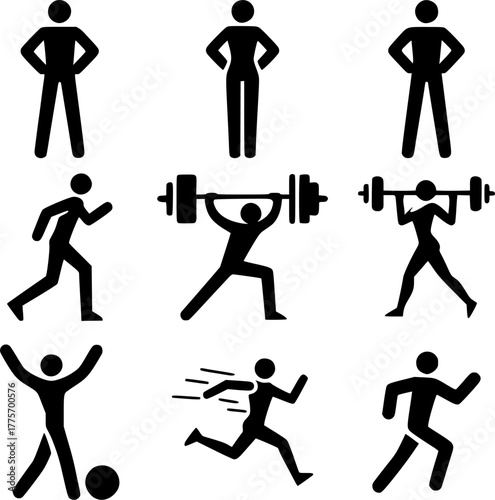Icons People and Sports Fitness Clubs and Gyms: To indicate different zones (cardio, strength, group classes), types of training, schedules, rules.