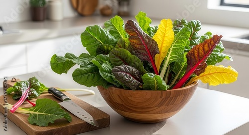 Healthy And Fresh Rainbow Swiss Chard In a Wooden Bowl Kitchen Setting
