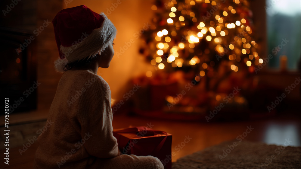 Fototapeta premium A cinematic ultra-realistic scene of a little girl in a Santa hat sitting on the floor, holding a red gift box, gazing dreamily at a glowing Christmas tree. The fireplace flickers