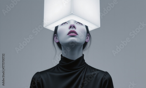 Young woman with luminous skin gazing up at a glowing geometric cube, conceptual art