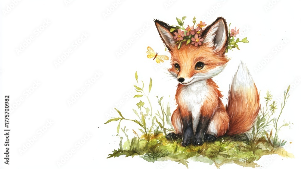Obraz premium Cute small red fox kit with large fluffy ears and tiny black nose resting on mossy log wearing delicate wildflower crown in tranquil forest
