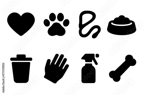 Responsible Pet Care. Responsible pet care. Filled icon set of responsible pet care: heart, paw, leash, food