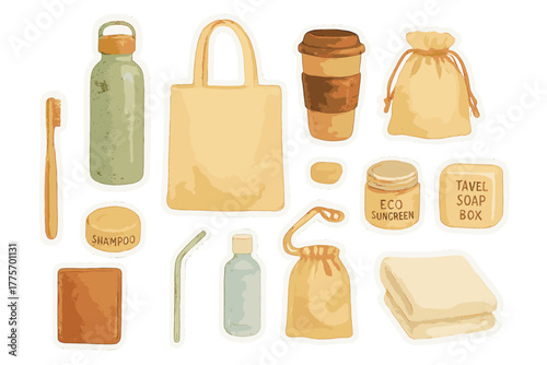 Sustainable Travel Essentials. Sustainable travel kit. Realistic hand-painted watercolor style sticker sheet