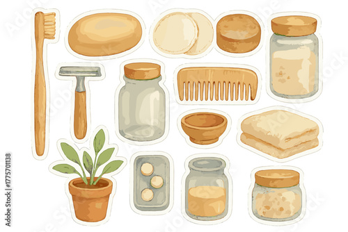 Sustainable Bathroom Stickers. Sustainable bathroom essentials. Realistic hand-painted watercolor style