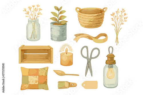 Upcycled Decor Stickers. Upcycled decor ideas. Realistic hand-painted watercolor style sticker sheet of