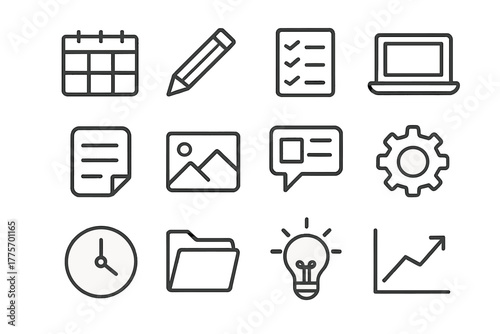 Content Planning Icons. Content planning. Line outline icon set of content planning: calendar, pencil,