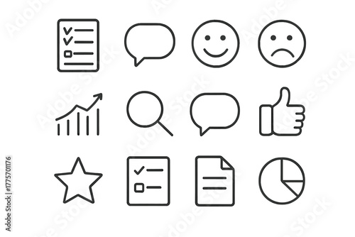 Feedback Icon Collection. Feedback and insights. Line outline icon set of feedback and insights: survey,