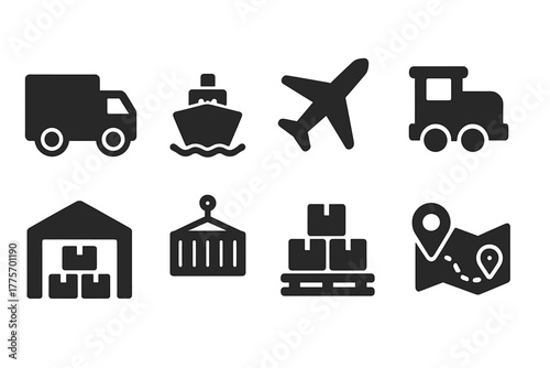 Freight Logistics Icons. Freight logistics. Filled icon set of freight logistics: truck, cargo ship, airplane,