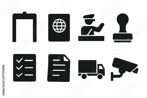 Border Control Icons. Border control. Filled icon set of border control: gate, passport, customs officer,