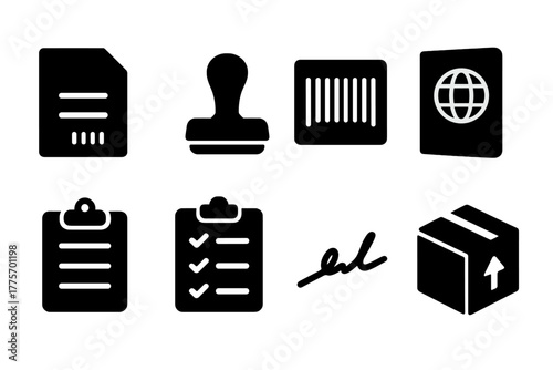 Customs Documentation Icons. Customs documentation. Filled icon set of customs documentation: document, stamp,