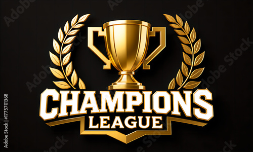 Majestic golden Champions League trophy and laurel wreaths, celebrating ultimate victory and success.