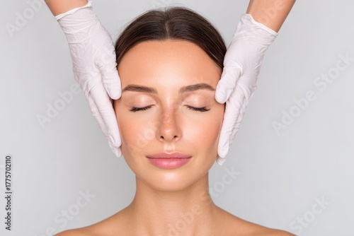 Beautiful woman undergoing precise cosmetic rhinoplasty surgery as two professionals wearing white gloves work on nasal area