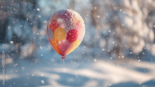 Snow-covered birthday balloon in white winter landscape. Festive winter party