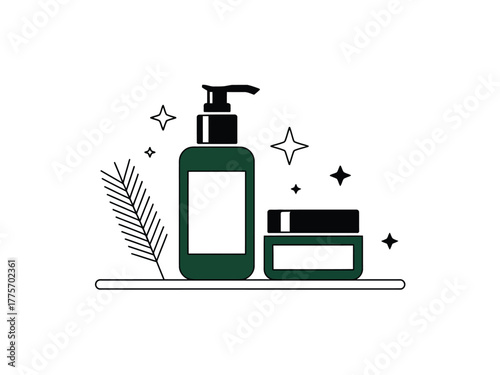 Two dark green bottles of cosmetic products are displayed on a shelf with sparkling accents and a sprig of greenery.