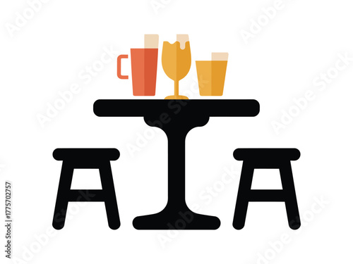 A simple illustration of a table with drinks and two stools