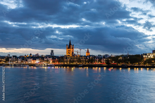 Cologne Old Town Skyline with Great St. Martin Church at Blue Hour