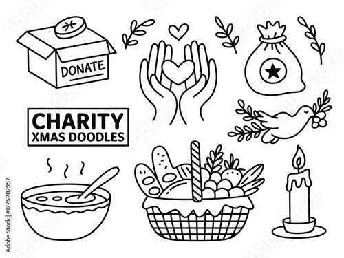 A collection of doodles illustrating charitable acts and concepts such as donation and kindness.