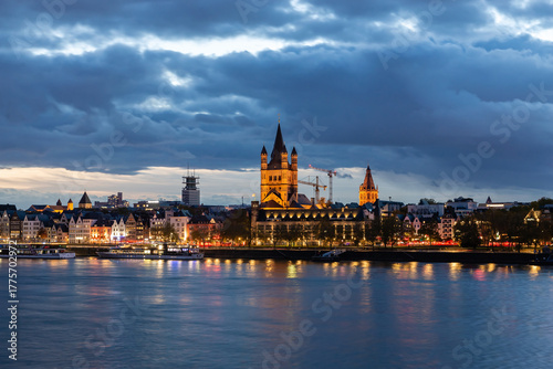 Cologne Old Town Skyline with Great St. Martin Church at Blue Hour