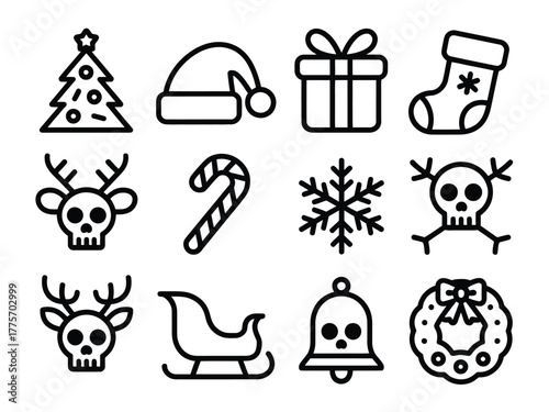 A collection of festive and slightly spooky Christmas-themed icons, including a tree, gifts, and skulls.