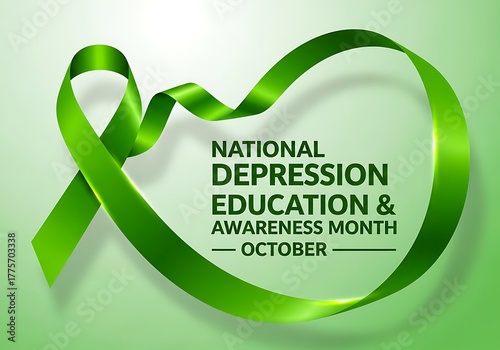 National depression education and awareness month with green ribbon symbol