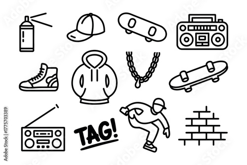 A collection of urban culture icons including graffiti spray paint, skateboards, and a boombox.
