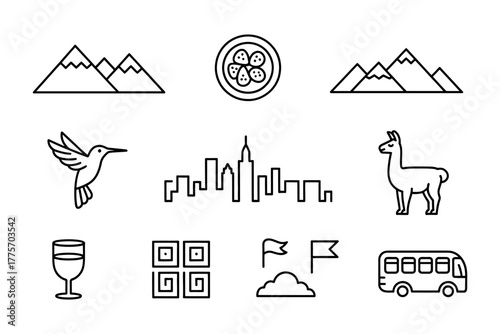 A collection of diverse icons representing travel, nature, and urban life.