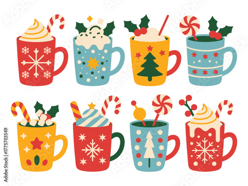 A festive collection of eight steaming holiday mugs filled with whipped cream and candy canes.