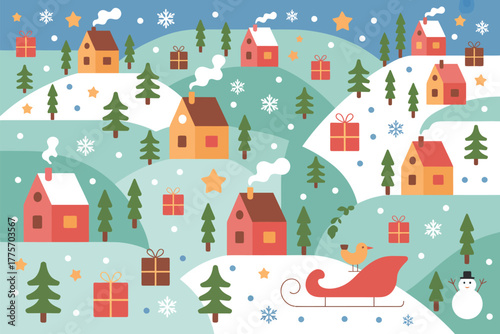 A quaint winter village scene with cozy houses, evergreen trees, and festive gifts scattered across snowy hills.