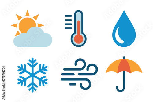 Collection of weather icons including sun, thermometer, rain, snow, wind, and umbrella.