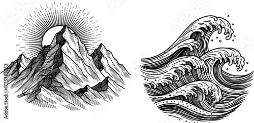 Grunge stencil art of ocean waves and mountain reflection
