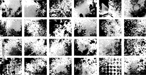 Black and white grunge grid stencil set with textured pixel patterns for artistic design
