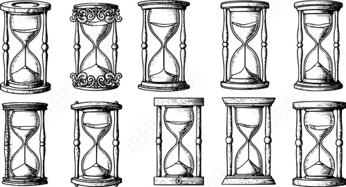 Vintage engraved illustration set of hourglasses for timeless retro design
