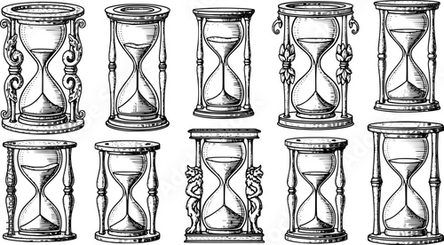 Vintage engraved illustration set of hourglasses for timeless retro design
